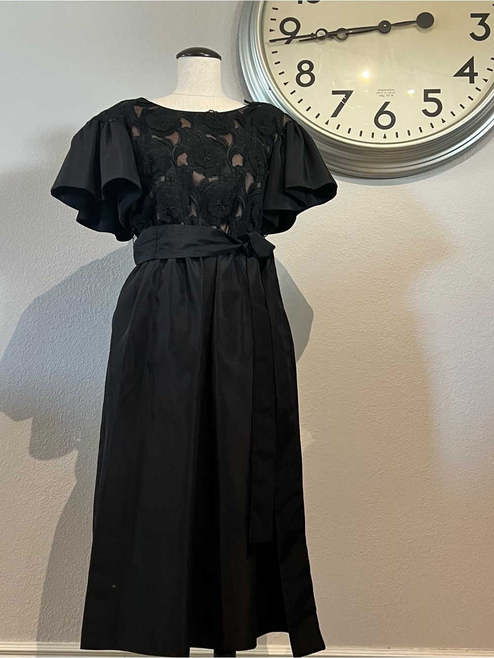 Vintage Black Midi Dress with Floral Lace Bodice and Flutter Sleeves